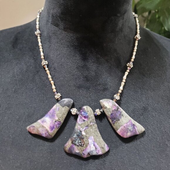 Women Purple Impression Jasper Stone Hematite Beaded Necklace with Hook & Eye - Picture 1 of 6